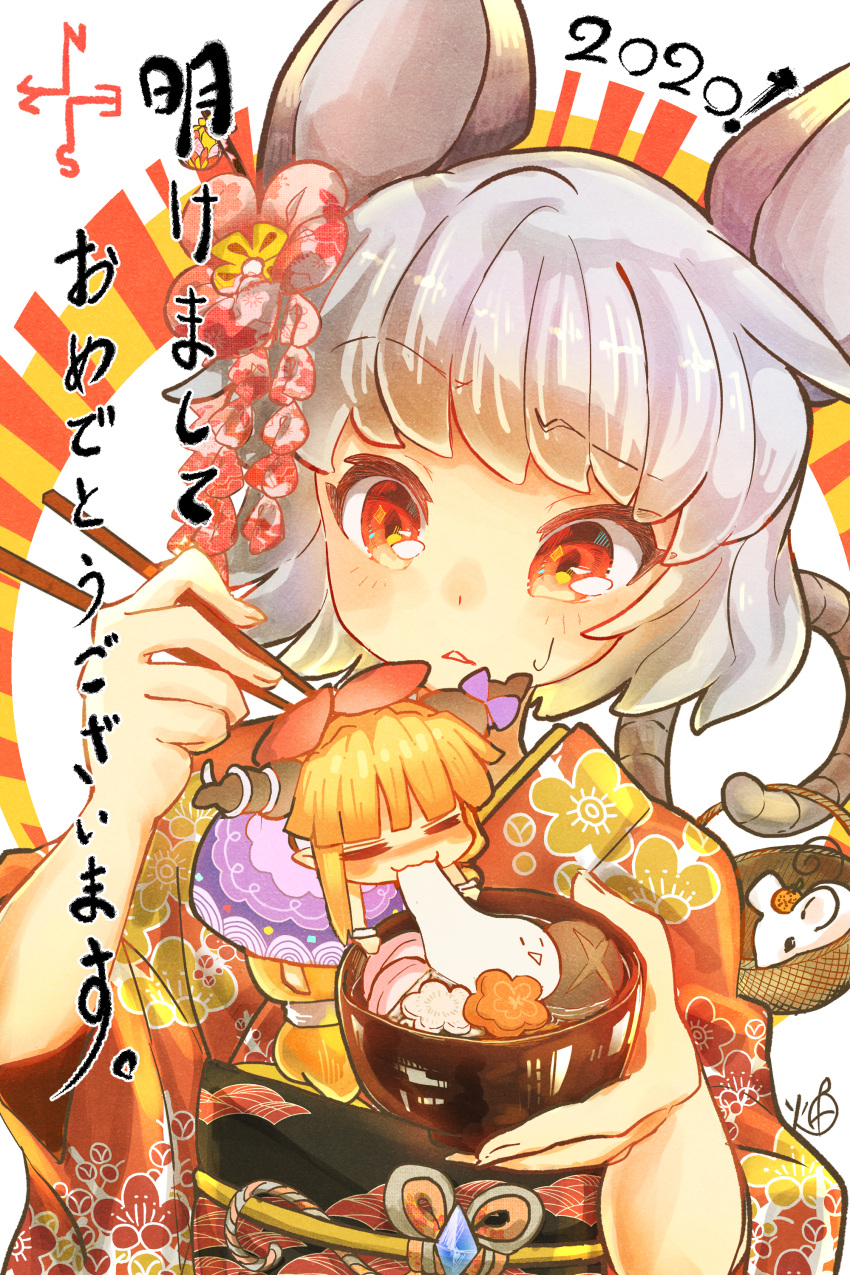 ! 2girls absurdres animal_ears basket blush bow bowl carrot chibi chinese_zodiac chopsticks closed_eyes commentary_request compass_rose cuffs dress eyebrows_visible_through_hair floral_print flower food grey_hair hair_bow hair_flower hair_ornament highres horn_ribbon horns htk_mikan ibuki_suika japanese_clothes kimono mochi mouse mouse_ears mouse_tail multicolored multicolored_background multiple_girls mushroom nazrin number orange_hair outstretched_hand purple_dress red_eyes ribbon short_hair sidelocks signature tail touhou translation_request year_of_the_rat zouni_soup