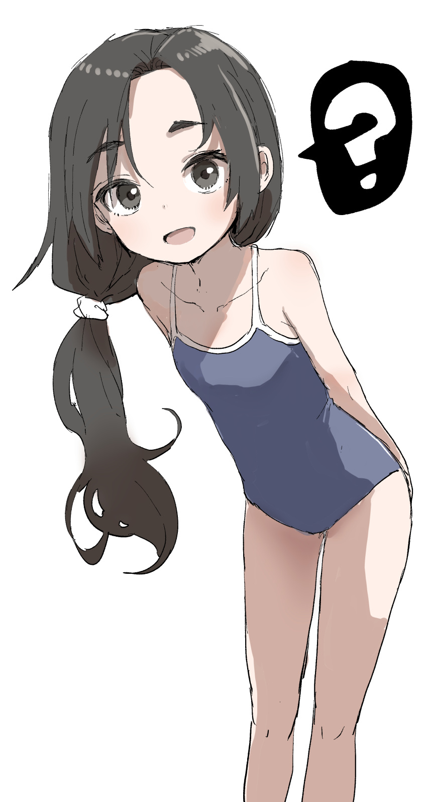 1girl :d ? absurdres bangs bare_arms bare_shoulders black_hair blue_swimsuit collarbone commentary competition_school_swimsuit eyebrows_visible_through_hair forehead grey_eyes highres leaning_forward long_hair looking_at_viewer low_ponytail one-piece_swimsuit open_mouth original ponytail simple_background smile solo spoken_question_mark standing swimsuit thick_eyebrows very_long_hair white_background yamamoto_souichirou