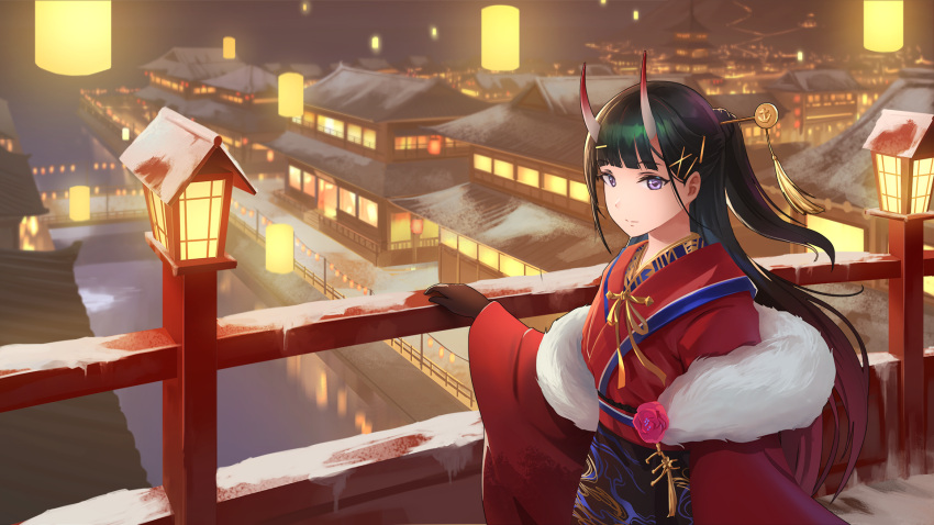 1girl architecture azur_lane bangs black_gloves black_hair blunt_bangs bridge closed_mouth commentary_request east_asian_architecture expressionless fur-trimmed_kimono fur_trim gan-viking gloves hair_ornament hairclip hairpin half_updo highres horns japanese_clothes kimono lantern long_hair looking_at_viewer noshiro_(azur_lane) noshiro_(uncharted_festival_grounds?)_(azur_lane) obi oni_horns paper_lantern red_kimono river sash scenery snow solo standing straight_hair town violet_eyes x_hair_ornament
