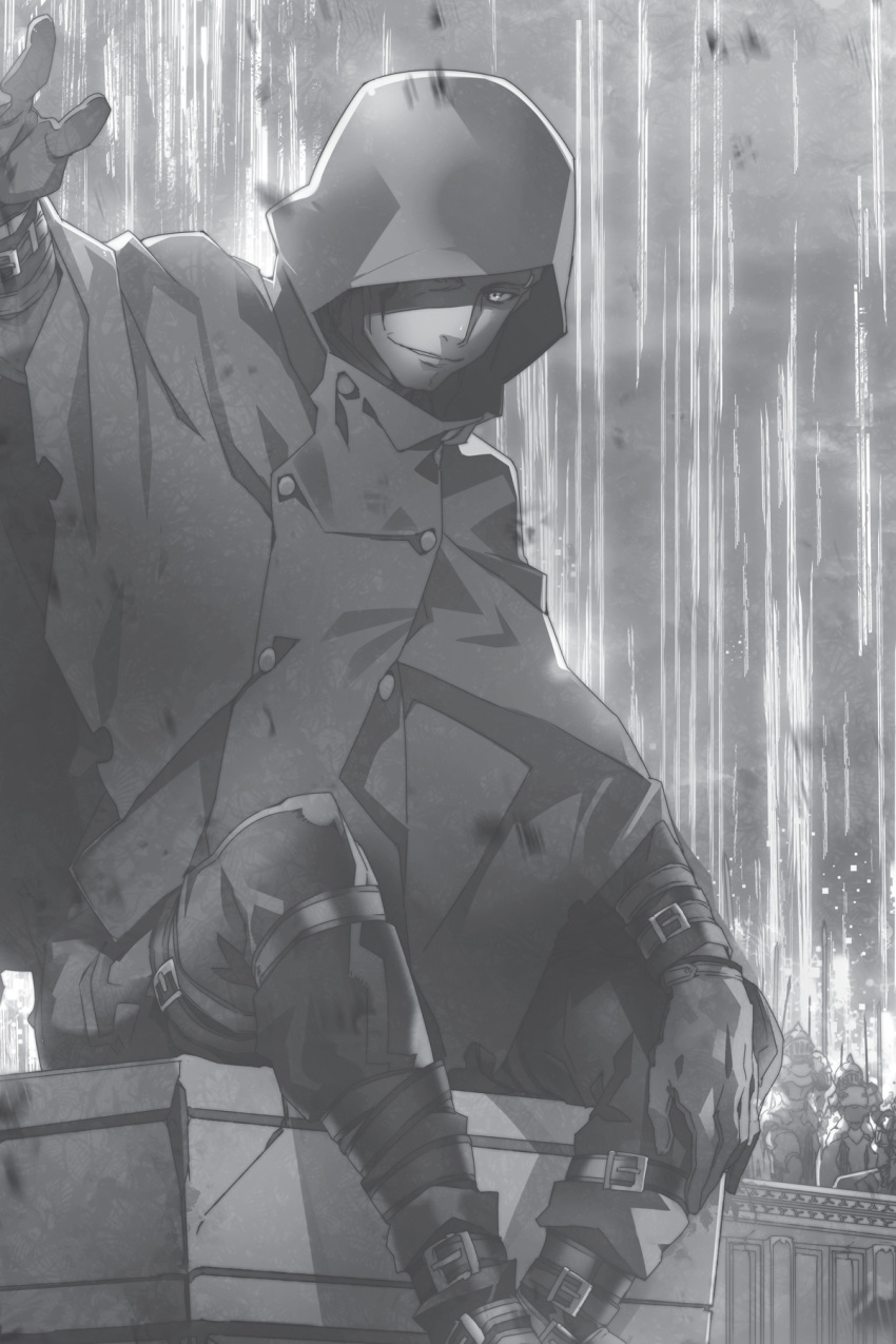 1boy abec cape gloves greyscale grin highres hood hood_up hooded monochrome novel_illustration official_art outdoors pants poh_(sao) sitting smile solo sword_art_online