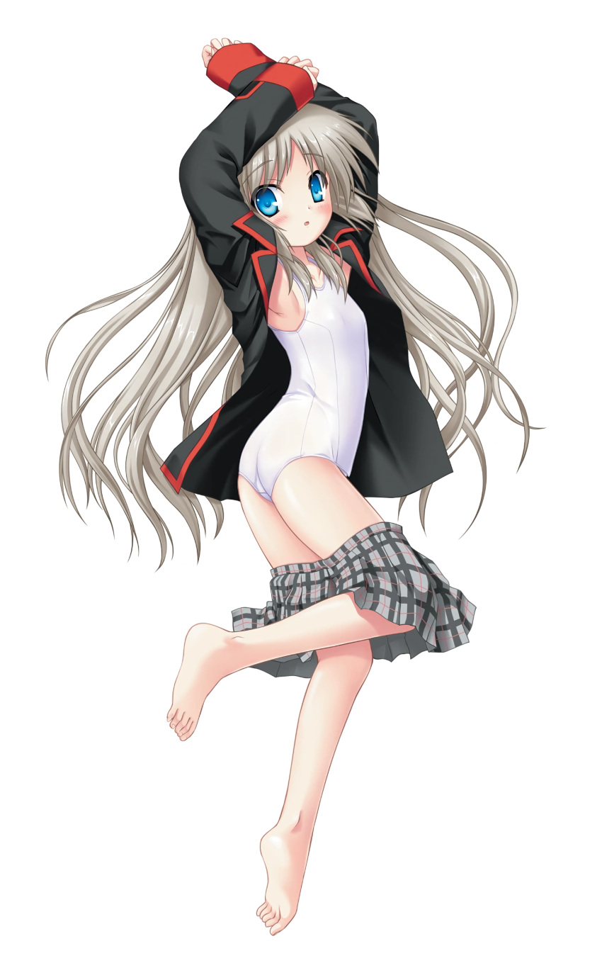 1girl absurdres armpits arms_up barefoot black_jacket blazer blue_eyes blush flat_chest from_above grey_skirt highres jacket little_busters!! long_hair looking_at_viewer lying miniskirt na-ga noumi_kudryavka official_art on_side open_blazer open_clothes open_jacket open_mouth plaid plaid_skirt pleated_skirt school_swimsuit school_uniform silver_hair simple_background skirt skirt_pull solo swimsuit very_long_hair white_background white_school_swimsuit white_swimsuit