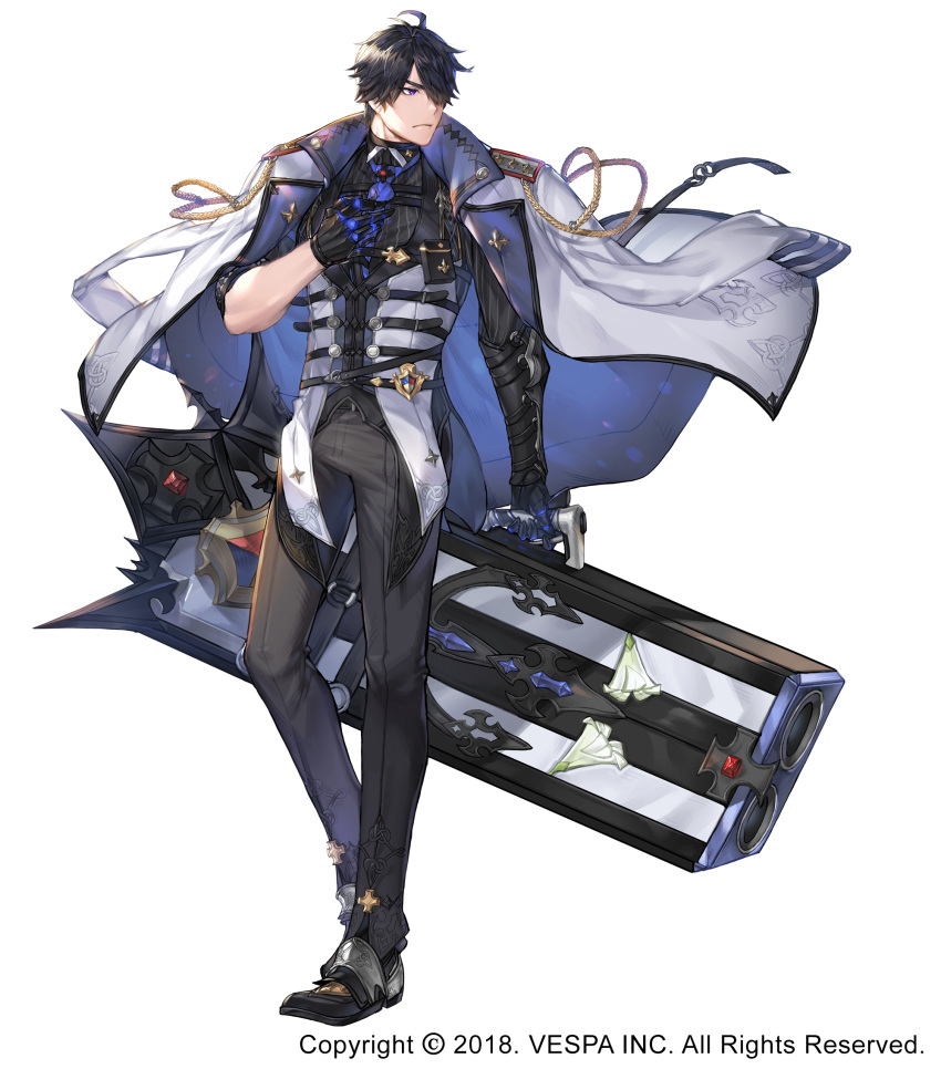 1boy aiguillette black_footwear black_gloves black_hair black_pants company_name crow_(king's_raid) dated elbow_gloves frown full_body gloves hair_over_one_eye highres holding holding_weapon jacket jacket_on_shoulders king's_raid male_focus official_art pants simple_background solo vest violet_eyes weapon white_background white_jacket
