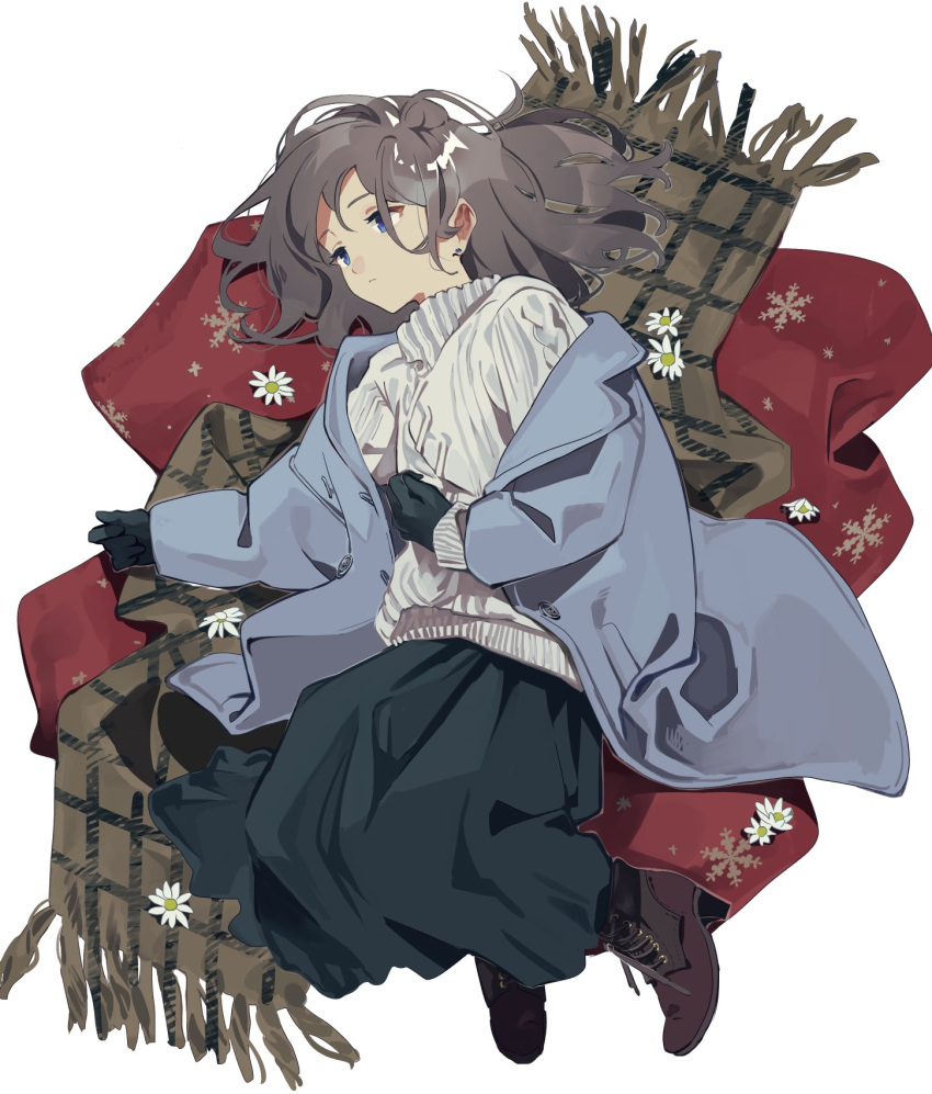 1girl black_gloves black_skirt blue_coat blue_eyes boots brown_footwear brown_hair coat daisy earrings flower gloves highres jewelry looking_away lying original peacoat scarf shio_(s_alt_shio) skirt solo sweater white_sweater