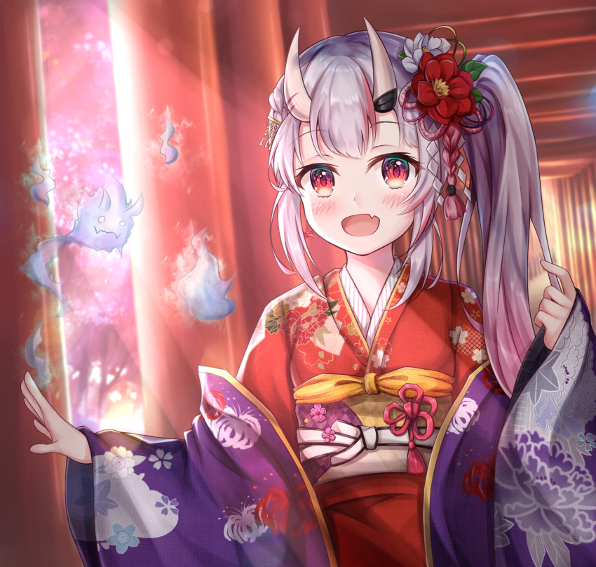 1girl :d bangs blurry blurry_background blush commentary_request depth_of_field eyebrows_visible_through_hair fang floral_print flower gradient_hair hair_flower hair_ornament hand_up highres hololive horns japanese_clothes kimono long_hair long_sleeves looking_at_viewer multicolored_hair multiple_torii nakiri_ayame namekuji_ojiichan obi oni oni_horns open_clothes open_mouth pinching_sleeves pink_hair print_kimono red_eyes red_flower red_kimono sash side_ponytail silver_hair sleeves_past_wrists smile solo torii virtual_youtuber white_flower wide_sleeves
