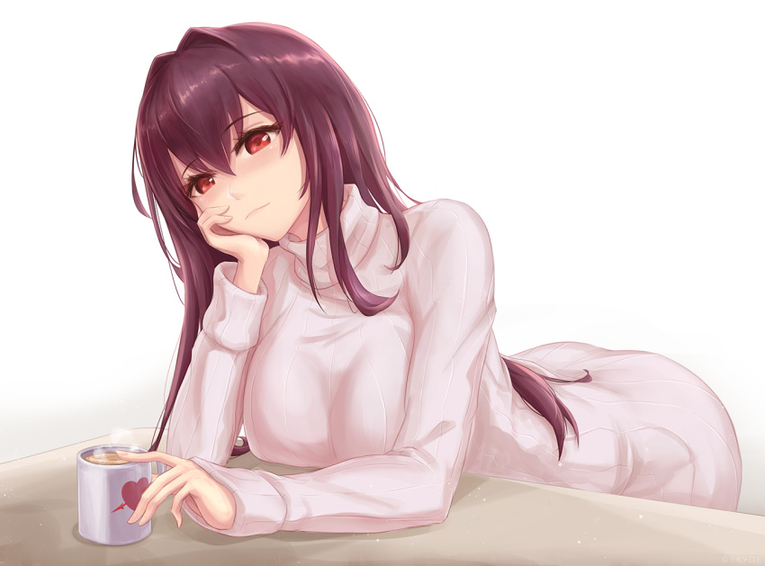 1girl breasts coffee_mug cup fate/grand_order fate_(series) gae_bolg hair_intakes large_breasts long_hair mug polearm purple_hair red_eyes scathach_(fate)_(all) scathach_(fate/grand_order) skyde_kei spear sweater weapon