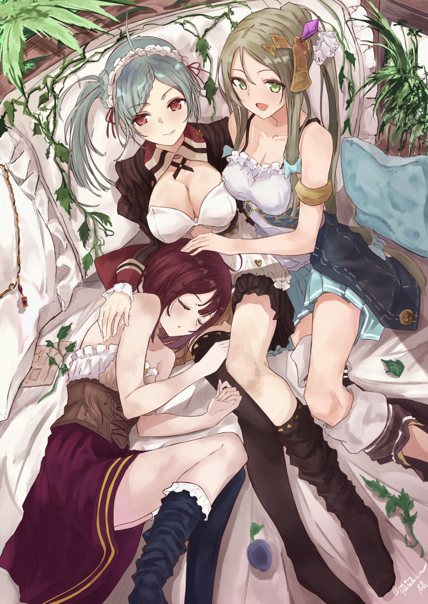 3girls :d ahoge apron aqua_skirt atelier_(series) atelier_lydie_&amp;_suelle atelier_sophie black_legwear blue_hair braid breasts brown_hair closed_eyes commentary_request cushion firis_mistlud from_above green_eyes hair_between_eyes highres large_breasts long_hair lying maid_headdress multiple_girls on_side open_mouth paper parted_lips petting pillow plant pleated_skirt ponytail qmmparabellum red_eyes short_hair side_ponytail sitting skirt sleeping smile sophie_neuenmuller tess_heitzmann thigh-highs thighhighs_pull v-shaped_eyebrows very_long_hair waist_apron white_apron