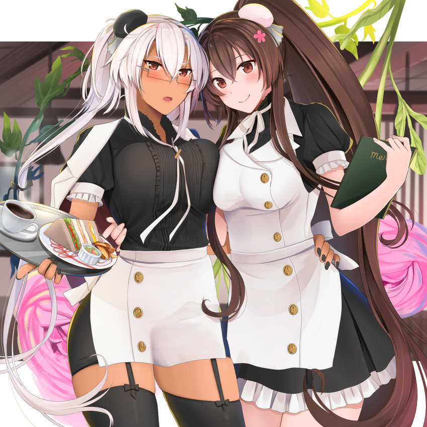 2girls :o absurdres apron asymmetrical_docking black_dress black_legwear black_nails blush breast_press breasts brown_eyes brown_hair bun_cover coffee coffee_cup collared_apron commentary cowboy_shot cup dark_skin disposable_cup dress flower food garter_straps glasses hair_bun hair_ornament headgear highres holding holding_menu holding_tray kantai_collection large_breasts long_hair looking_at_viewer maid multiple_girls musashi_(kantai_collection) neck_ribbon open_mouth plate platinum_blonde_hair ponytail puffy_short_sleeves puffy_sleeves red_eyes remodel_(kantai_collection) ribbon sandwich semi-rimless_eyewear short_sleeves silver-framed_eyewear smile thigh-highs tray twintails under-rim_eyewear very_long_hair waist_apron white_ribbon yamato_(kantai_collection) yunamaro