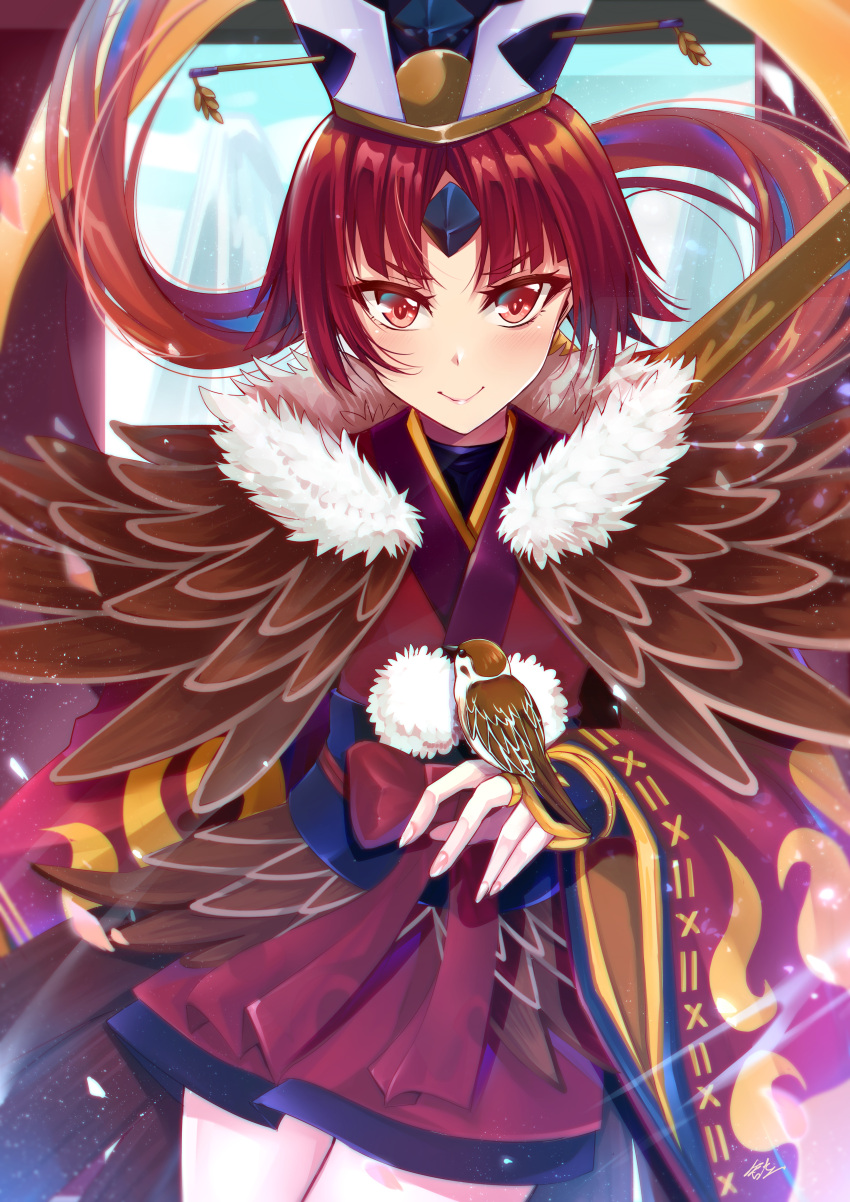 1girl absurdres bangs benienma_(fate/grand_order) bird blush brown_hair commentary_request eyebrows_visible_through_hair fate/grand_order fate_(series) gu_li hat highres japanese_clothes kimono long_hair long_sleeves looking_at_viewer low_ponytail parted_bangs red_eyes redhead smile solo wide_sleeves