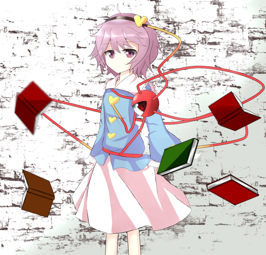 1girl absurdres ahoge blouse blue_blouse book buttons collared_blouse commentary_request eyeball frilled_shirt_collar frills hairband heart heart_of_string highres komeiji_satori long_sleeves messy_hair pink_skirt purple_hair short_hair skirt standing str11x third_eye touhou violet_eyes wide_sleeves