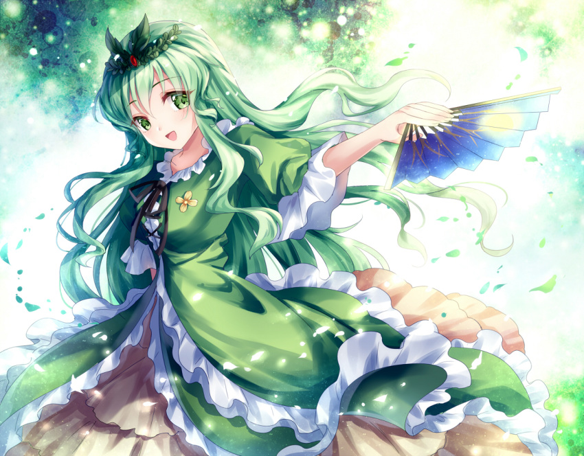 1girl dress fan green_eyes green_hair head_wreath hichou kayano_mihana leaf leaves_in_wind long_hair original smile solo touhou white_names_spoiled_past wreath