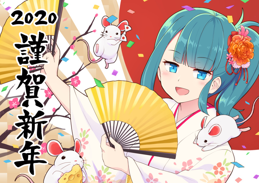 1girl :d animal bangs blue_eyes blue_hair cerasus cheese cherry_blossoms chinese_zodiac commentary_request confetti eating eyebrows_visible_through_hair fan floral_print flower folding_fan food hair_flower hair_ornament holding holding_fan japanese_clothes kimono long_hair long_sleeves looking_at_viewer mouse open_mouth orange_flower original pink_flower print_kimono side_ponytail sidelocks smile solo translation_request tree_branch upper_body white_kimono wide_sleeves year_of_the_rat