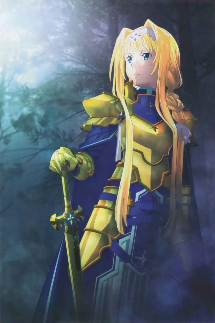 1girl absurdres alice_schuberg armor armored_dress artist_request blue_cape body_armor braided_ponytail cape floating_hair glowing glowing_sword glowing_weapon gold_armor hairband highres holding holding_sword holding_weapon knight osmanthus_blade shoulder_armor spaulders sword sword_art_online sword_art_online_alicization weapon white_hairband