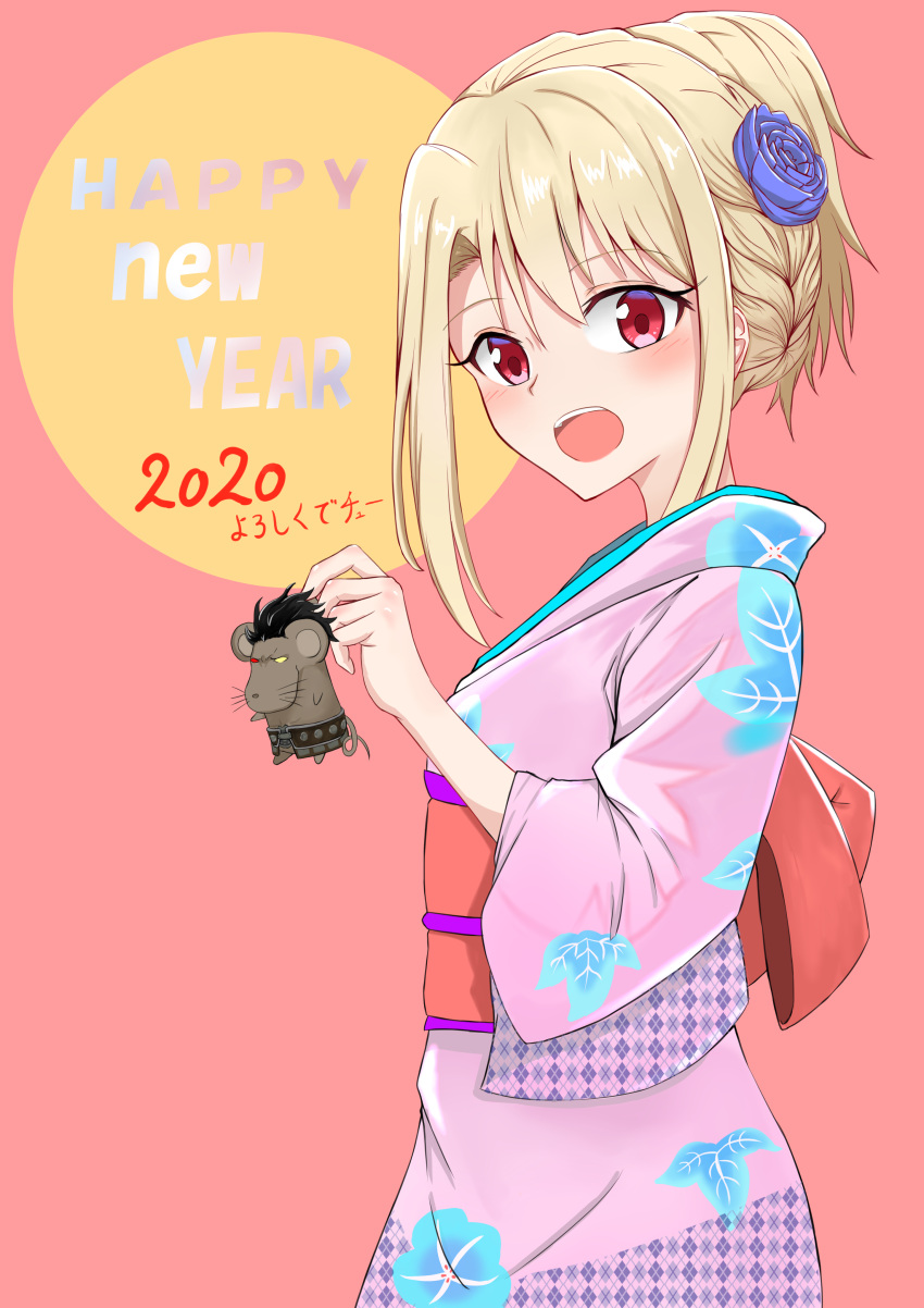 1girl 2020 absurdres animal artist_request bangs blue_flower commentary_request eyebrows_visible_through_hair fate/grand_order fate_(series) flower from_side happy_new_year highres holding holding_animal illyasviel_von_einzbern japanese_clothes kimono medium_hair new_year pink_background pink_kimono rat red_eyes simple_background solo
