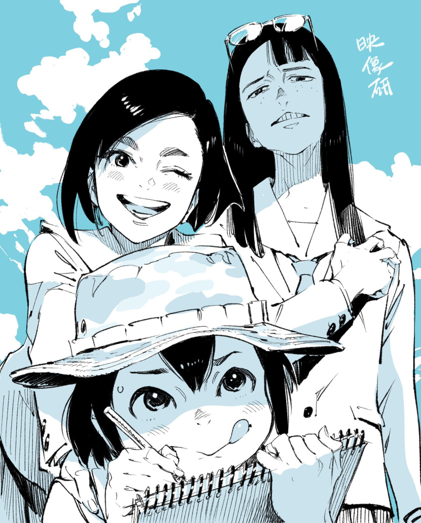 3girls :&lt; :p ;d ahn_dongshik asakusa_midori asymmetrical_bangs asymmetrical_hair bangs blazer blunt_bangs blush bob_cut clouds cloudy_sky commentary_request concentrating copyright_name day eizouken_ni_wa_te_wo_dasu_na! eyewear_on_head freckles glasses hat highres jacket kanamori_sayaka long_hair looking_at_viewer mizusaki_tsubame monochrome multiple_girls necktie one_eye_closed open_mouth pencil school_uniform shaded_face short_hair sketchbook sketching skirt sky smile spot_color sweatdrop teeth thick_eyebrows tongue tongue_out triangle_mouth upper_teeth