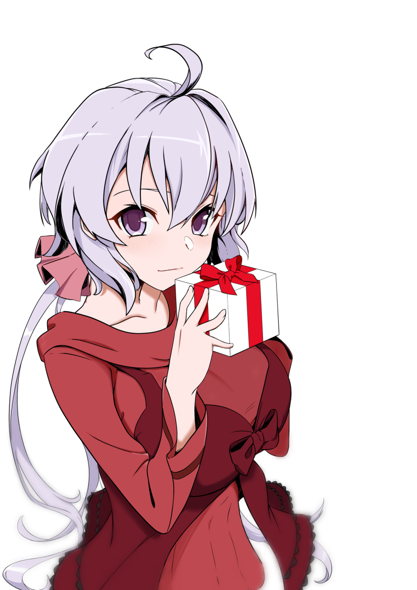 1girl ahoge blush breasts gift highres holding holding_gift large_breasts long_hair looking_at_viewer low_twintails purple_hair senki_zesshou_symphogear simple_background solo twintails ume_milk very_long_hair violet_eyes white_background yukine_chris