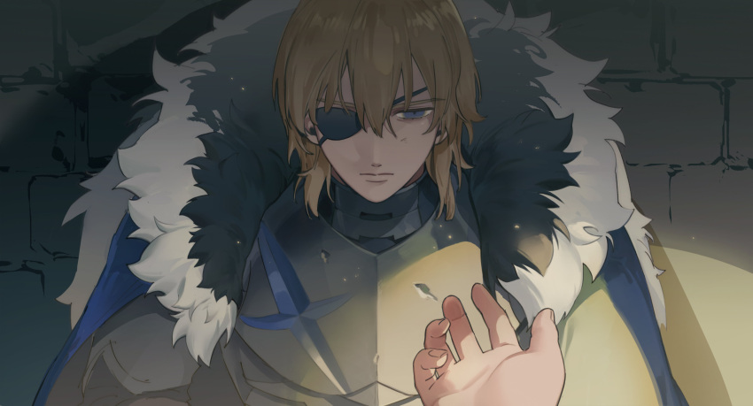 1boy absurdres armor blonde_hair blue_cape blue_eyes cape dimitri_alexandre_blaiddyd eyepatch fire_emblem fire_emblem:_three_houses fur_trim hermmot666 highres outstretched_hand