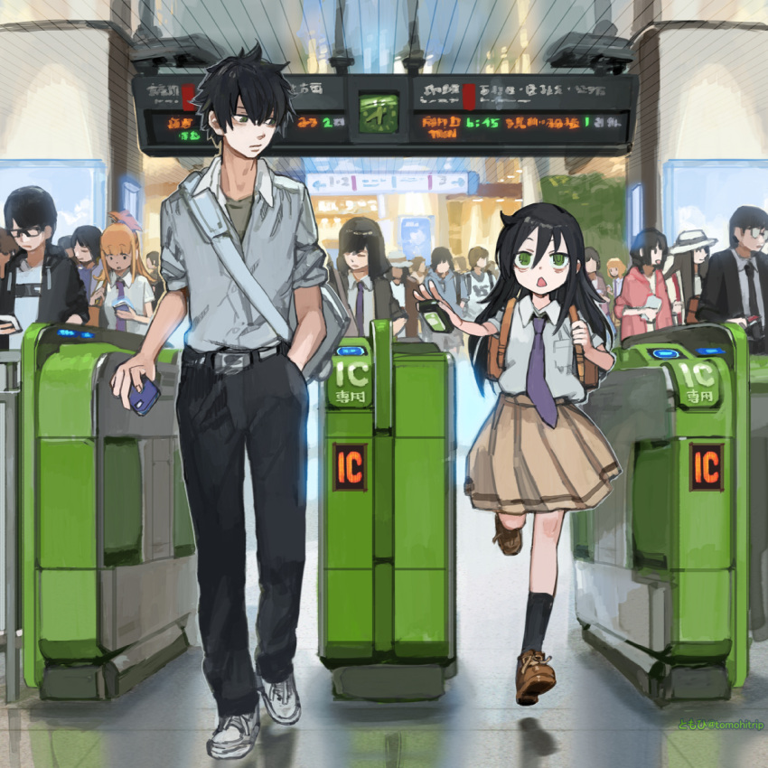 1boy 1girl black_hair brother_and_sister brown_skirt commentary crowd flat_chest green_eyes height_difference highres kuroki_tomoki kuroki_tomoko long_hair necktie pleated_skirt purple_neckwear running school_uniform short_hair siblings skirt tomohi train_station uchi_emiri watashi_ga_motenai_no_wa_dou_kangaetemo_omaera_ga_warui! when_you_see_it