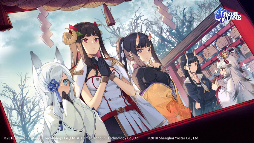 5girls azur_lane black_gloves black_hair blue_eyes blush breasts character_request closed_mouth company_name copyright_name eyebrows_visible_through_hair gloves grey_hair hair_over_one_eye highres horns large_breasts long_hair long_sleeves looking_at_another looking_away multicolored_hair multiple_girls nagu neckerchief official_art open_mouth parted_lips ponytail red_eyes short_sleeves sleeveless smile two-tone_hair upper_teeth white_hair white_neckwear