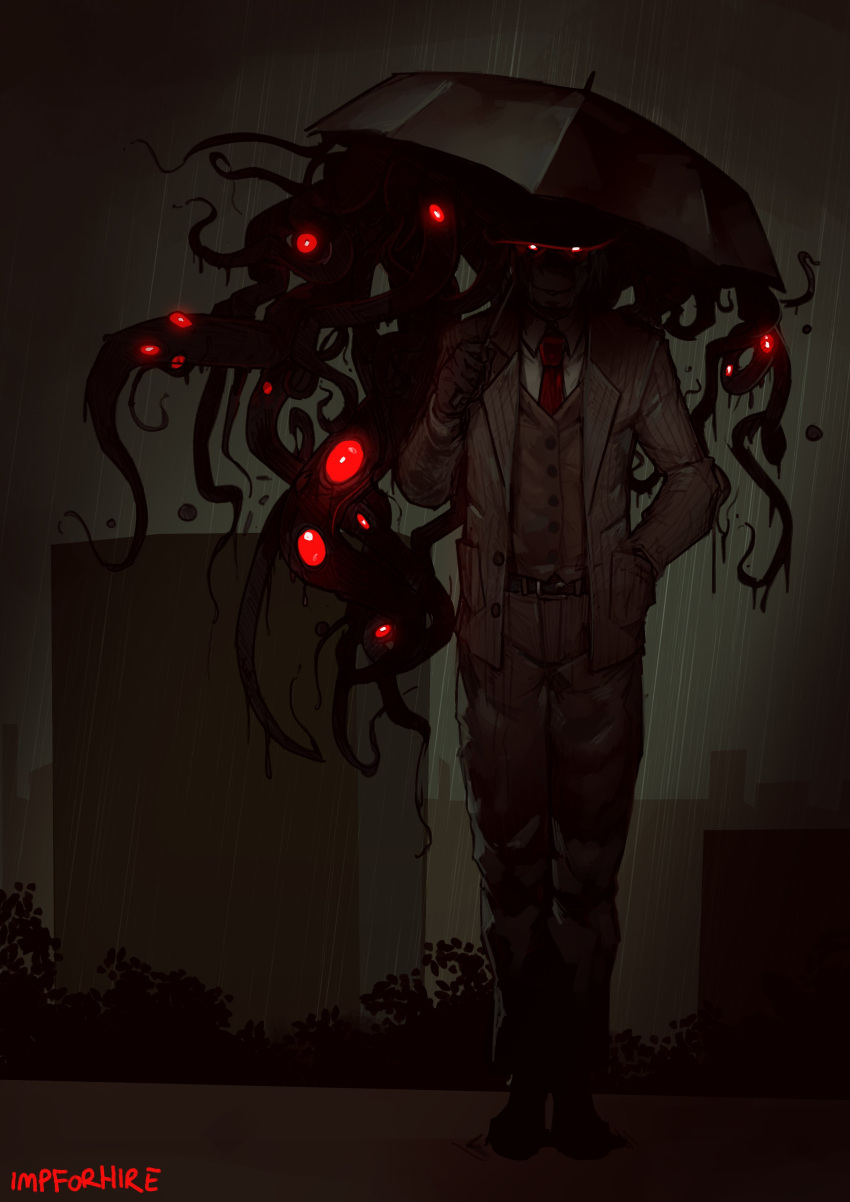 absurdres belt black_gloves building eldritch_abomination extra_eyes formal gloves glowing glowing_eyes grimsby hand_in_pocket highres holding holding_umbrella necktie night night_sky original outdoors parted_lips rain red_eyes red_neckwear shaded_face signature sky smile suit tentacles umbrella