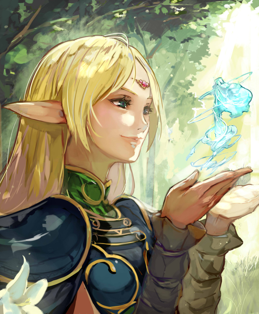 1girl absurdres armor blonde_hair breastplate cape circlet closed_mouth deedlit elf flower forest green_eyes highres light_rays lily_(flower) long_hair nature novelia outdoors pointy_ears record_of_lodoss_war smile solo spirit white_flower