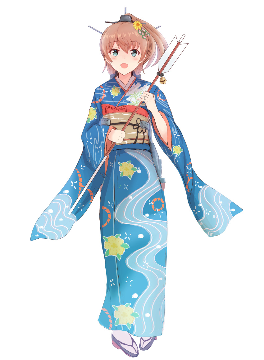 1girl :d absurdres alternate_costume arrow blue_eyes blue_kimono brown_hair commentary_request eyebrows_visible_through_hair flower full_body hair_flower hair_ornament hamaya highres holding_arrow itoshe japanese_clothes kantai_collection kimono kumano_(kantai_collection) long_hair looking_at_viewer open_mouth ponytail simple_background smile solo white_background