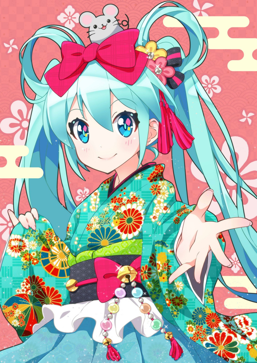 1girl animal animal_on_head aqua_eyes aqua_hair asa_no_ha_(pattern) bell bow commentary egasumi eyebrows_visible_through_hair floral_print foreshortening fuusen_neko hair_between_eyes hair_bow hair_ornament hair_rings hatsune_miku highres japanese_clothes jingle_bell kanzashi kikkoumon kikumon kimono kimono_skirt long_hair looking_at_viewer mouse nengajou new_year obiage obijime on_head outstretched_arm outstretched_hand pale_skin pink_background seigaiha smile solo tassel twintails unmoving_pattern upper_body very_long_hair vocaloid wide_sleeves