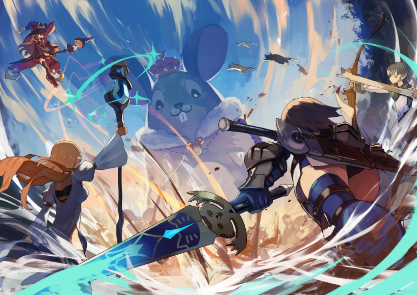 1boy 3girls animal animal_ears armor black_eyes black_legwear bleeding blood blue_sky bow_(weapon) brown_hair cape cat clouds cloudy_sky floating grey_hair hat highres holding holding_bow_(weapon) holding_staff holding_weapon jewelry long_hair medium_hair mouse moutama multiple_girls necklace orange_hair original oversized_animal pauldrons scabbard sheath sky staff umbrella vambraces weapon weapon_on_back witch_hat