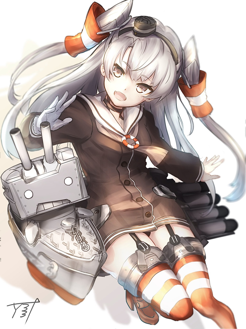 1girl amatsukaze_(kantai_collection) bangs brown_dress dress eyebrows_visible_through_hair fang garter_straps gloves hair_tubes highres kantai_collection long_hair long_sleeves open_mouth red_legwear red_neckwear rensouhou-kun rigging sailor_collar sailor_dress see-through signature silver_hair simple_background single_glove skin_fang solo thigh-highs torpedo torpedo_tubes two_side_up white_background white_gloves ymmt