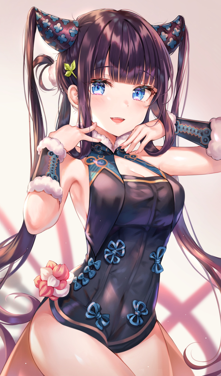 1girl absurdres arm_warmers armpits arms_up bare_shoulders black_dress blue_eyes blurry breasts cowboy_shot dress fate/grand_order fate_(series) hair_ornament highres long_hair looking_at_viewer medium_breasts open_mouth purple_hair sidelocks smile solo thighs tokkyu twintails very_long_hair yang_guifei_(fate/grand_order)