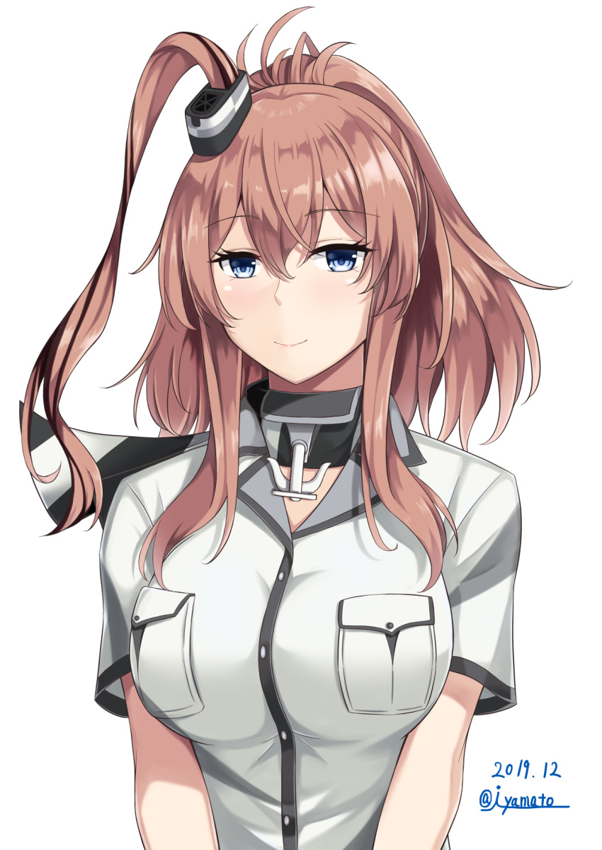 1girl anchor blue_eyes breast_pocket breasts brown_hair dress grey_neckwear hair_between_eyes hair_ornament highres kantai_collection large_breasts long_hair looking_at_viewer neckerchief pocket ponytail saratoga_(kantai_collection) side_ponytail sidelocks simple_background smile smokestack_hair_ornament solo upper_body white_background white_dress yamato_(083)