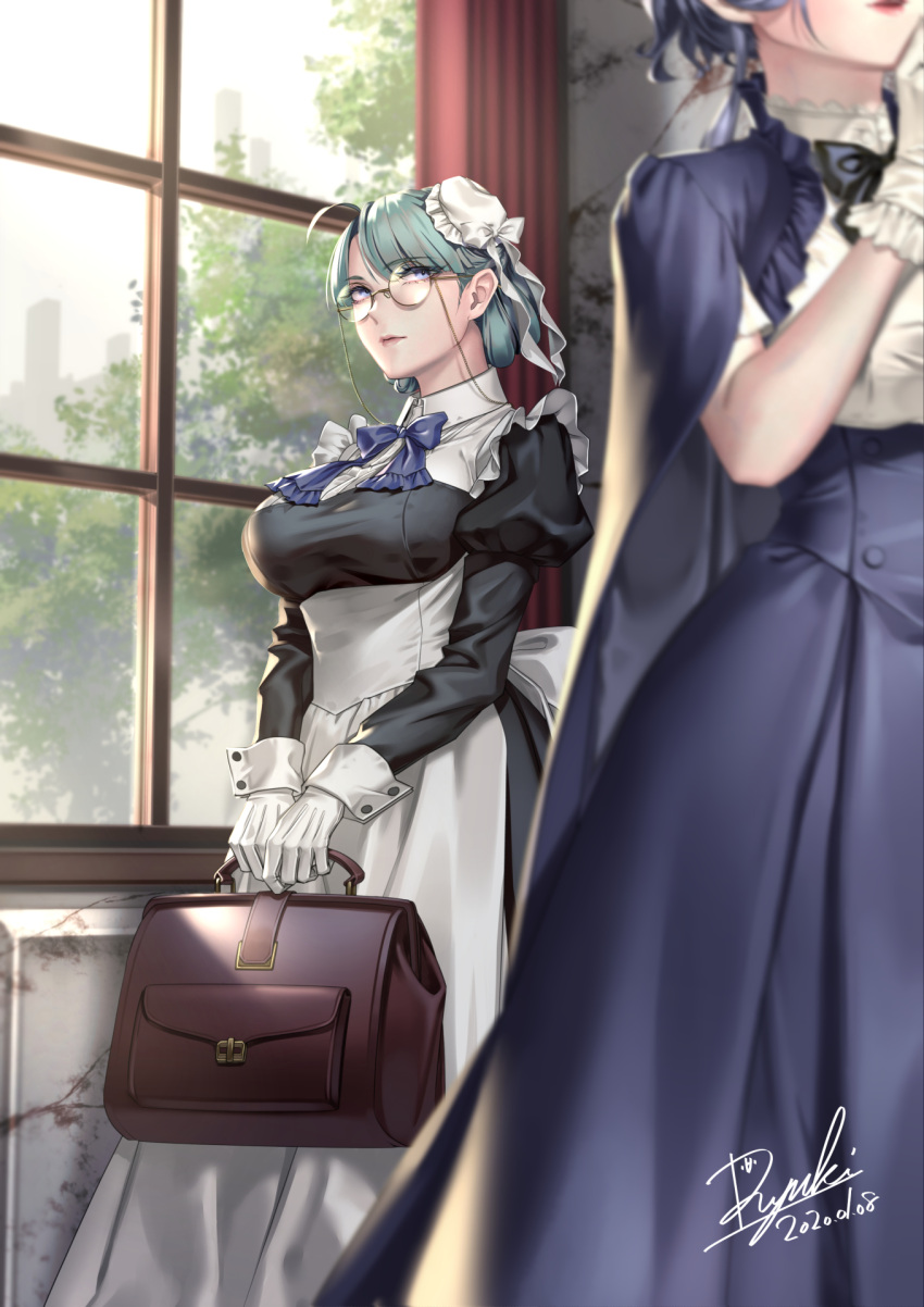 2girls apron blue_eyes breasts bun_cover eyewear_strap glasses green_hair high-waist_skirt highres large_breasts maid maid_apron maid_headdress multiple_girls original puffy_sleeves ryuki@maguro-ex skirt solo_focus victorian_maid window