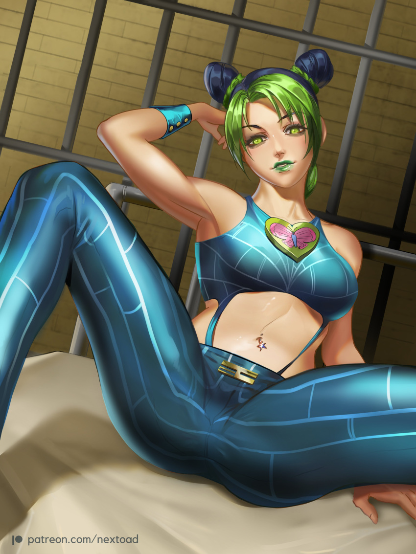 1girl absurdres braid breasts crop_top double_bun eyelashes green_eyes green_hair green_lips green_lipstick highres iron_bars jojo_no_kimyou_na_bouken kuujou_jolyne lips lipstick looking_at_viewer lying makeup medium_breasts midriff multicolored_hair navel_piercing nextoad on_back piercing short_hair smile solo spider_web_print spread_legs star stone_ocean suspenders two-tone_hair wristband