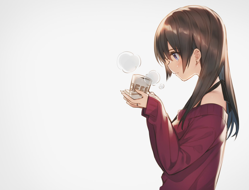 1girl bangs bare_shoulders black_hair blush closed_mouth coffee commentary_request crying crying_with_eyes_open cup earrings eyebrows_visible_through_hair grey_background hair_between_eyes holding holding_cup jewelry kurokuma_(kuro_kumagaya) long_hair long_sleeves looking_away off-shoulder_sweater off_shoulder original profile red_sweater ring simple_background sleeves_past_wrists solo steam stud_earrings sweater tears upper_body violet_eyes