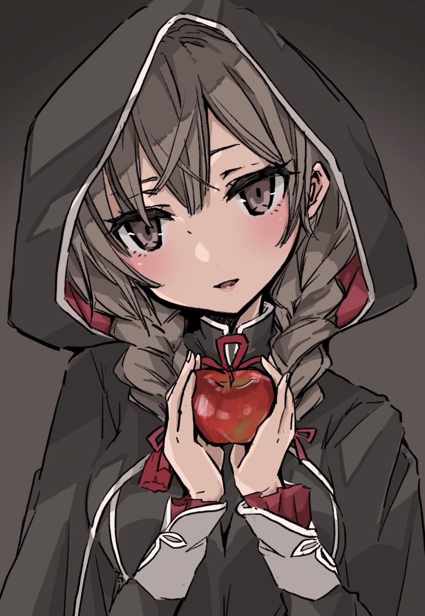 1girl apple bangs blush braid breasts brown_background brown_eyes brown_hair capelet chigasaki_y crossed_bangs food fruit hair_ribbon highres holding holding_food holding_fruit hood hood_up hooded_capelet kantai_collection long_hair long_sleeves open_mouth ribbon shinshuu_maru_(kantai_collection) simple_background solo twin_braids upper_body