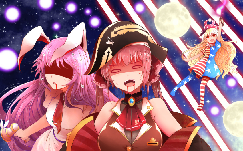 3girls :d american_flag_dress american_flag_legwear animal_ears arano_oki arm_up ascot bangs bare_shoulders bicorne black_headwear blonde_hair blood blood_from_mouth blue_dress blue_legwear breasts brooch clownpiece commentary_request danmaku dress eyebrows_visible_through_hair gun hat holding holding_gun holding_torch holding_weapon hololive houshou_marine jester_cap jewelry large_breasts long_hair looking_at_viewer lunatic_gun medium_breasts moon multiple_girls necktie no_shoes off_shoulder open_mouth pantyhose polka_dot polka_dot_hat purple_hair purple_headwear rabbit_ears red_dress red_eyes red_legwear red_neckwear red_shirt reisen_udongein_inaba shaded_face shirt short_dress short_sleeves sleeveless sleeveless_shirt smile space star star_print striped striped_dress striped_legwear sweat torch touhou twintails upper_body very_long_hair weapon white_shirt wide_oval_eyes