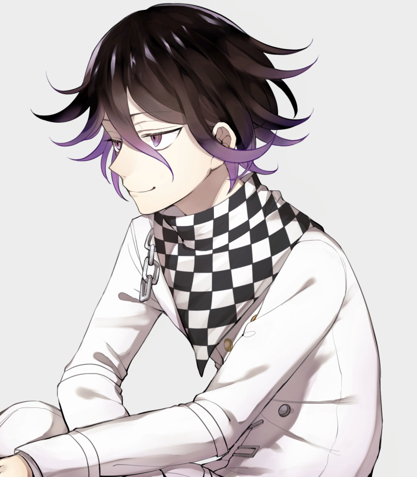 black_hair checkered checkered_scarf dangan_ronpa eyebrows_visible_through_hair hair_between_eyes highres male_focus medium_hair new_dangan_ronpa_v3 ouma_kokichi purple_hair scarf simple_background smile straitjacket violet_eyes white_background zabe_o