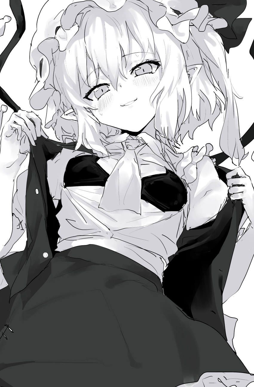 1girl absurdres ascot blush bra breasts flandre_scarlet flashing greyscale hair_between_eyes hat head_tilt highres looking_at_viewer make_maketan medium_breasts mob_cap monochrome open_clothes open_shirt open_vest parted_lips pointy_ears simple_background skirt slit_pupils small_breasts smile solo sweatdrop touhou underwear undressing vest white_background wings