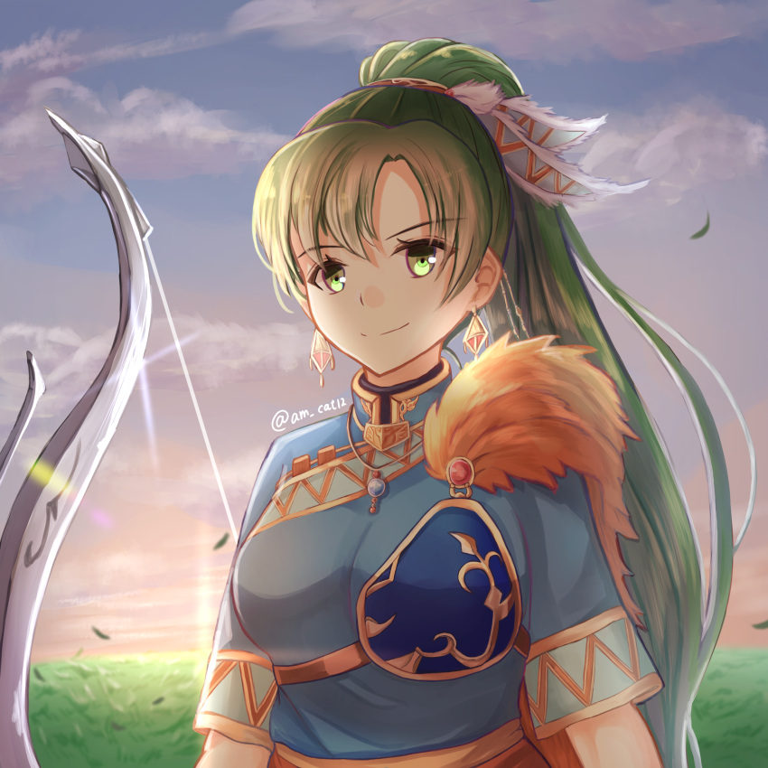 1girl absurdres am_(am_cat12) armor artist_name bangs blue_dress blue_sky bow_(weapon) breasts clouds commentary_request cute day dress earrings eyebrows_visible_through_hair feathers female_focus fire_emblem fire_emblem:_rekka_no_ken fire_emblem:_the_blazing_blade fire_emblem_7 fire_emblem_blazing_sword fire_emblem_heroes fur_trim grass green_eyes green_hair hair_feathers highres intelligent_systems jewelry long_hair long_ponytail looking_at_viewer lyn_(fire_emblem) medium_breasts nintendo outdoors pendant ponytail short_sleeves sky smile solo twitter_username upper_body weapon