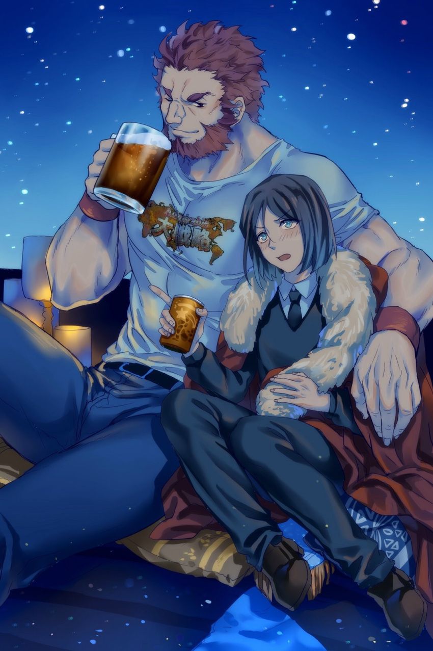 2boys alcohol beard beer beer_mug black_hair blanket blue_eyes blush can cape casual denim facial_hair fate/zero fate_(series) fur_trim highres jeans lalatia-meai lamp male_focus multiple_boys necktie night night_sky pants pillow pointing redhead rider_(fate/zero) shirt sitting size_difference sky soda_can sweater t-shirt waver_velvet wristband