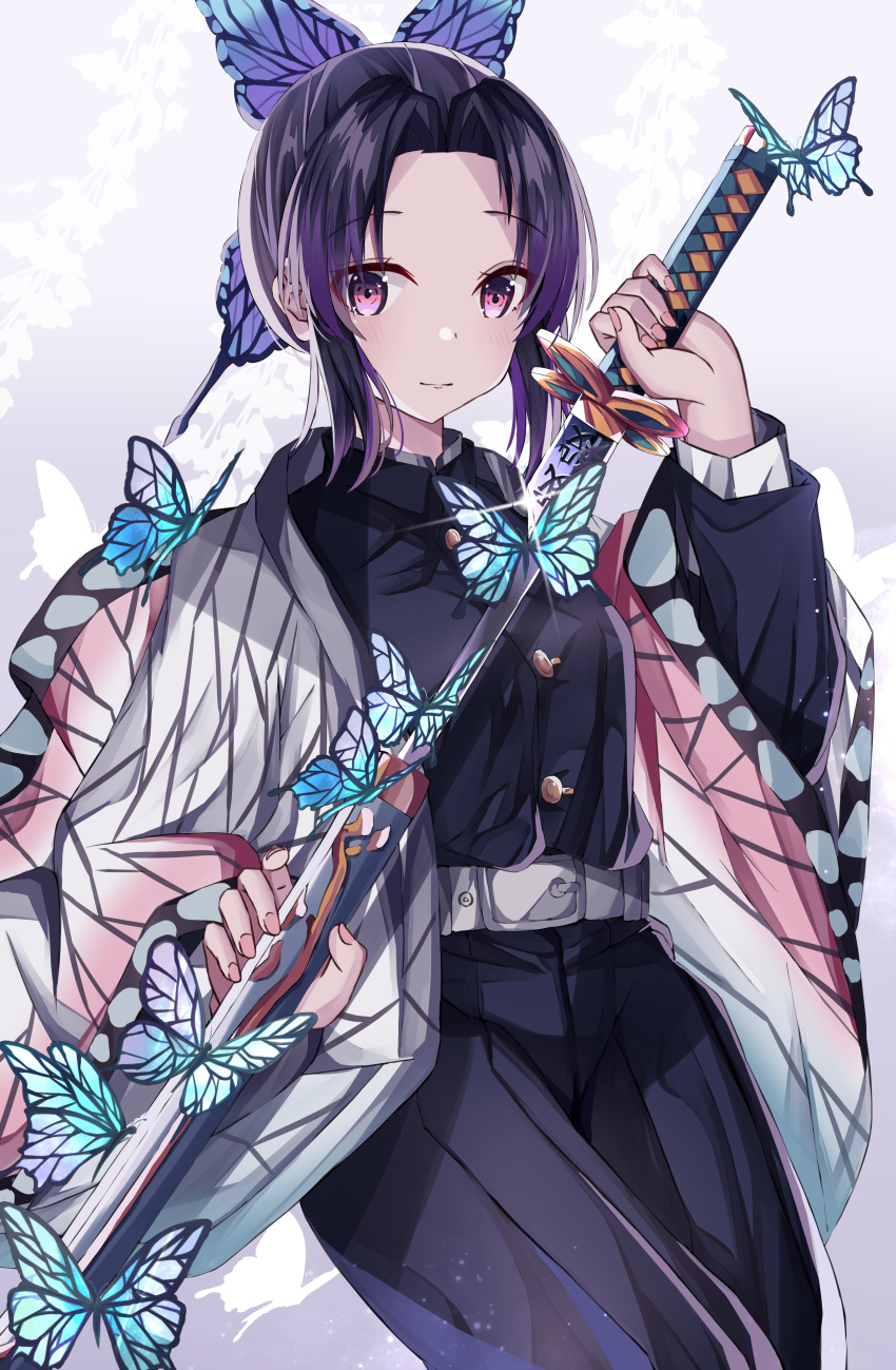 1girl absurdres animal bangs belt belt_buckle black_jacket black_pants blush buckle bug butterfly butterfly_hair_ornament closed_mouth commentary_request glint grey_background hair_ornament highres holding holding_sheath holding_sword holding_weapon insect jacket katana kimetsu_no_yaiba kochou_shinobu long_sleeves looking_at_viewer norazura open_clothes pants parted_bangs purple_hair red_eyes sheath sidelocks solo sword unsheathing weapon white_belt wide_sleeves