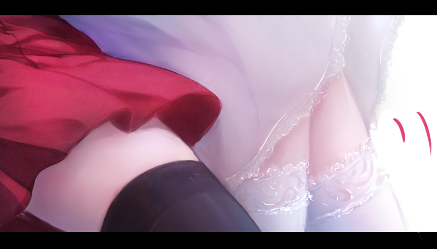 2girls absurdres black_legwear dress highres lace lace-trimmed_legwear letterboxed lower_body multiple_girls original out_of_frame pleated_skirt red_skirt shimmer simple_background skirt thigh-highs white_background white_dress white_legwear yuri