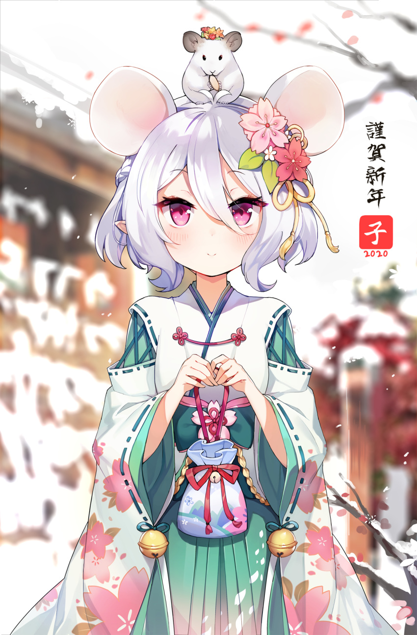 1girl animal animal_ears animal_on_head bangs bell blurry blurry_background blush cherry_blossom_print chinese_zodiac closed_mouth commentary_request depth_of_field eyebrows_visible_through_hair floral_print flower green_hakama hair_between_eyes hair_flower hair_ornament hakama happy_new_year highres holding japanese_clothes jehyun jingle_bell kemonomimi_mode kimono kokkoro_(princess_connect!) long_sleeves mouse mouse_ears new_year on_head pink_flower pointy_ears princess_connect! princess_connect!_re:dive red_flower ribbon-trimmed_sleeves ribbon_trim short_hair silver_hair smile snow solo violet_eyes white_kimono wide_sleeves year_of_the_rat