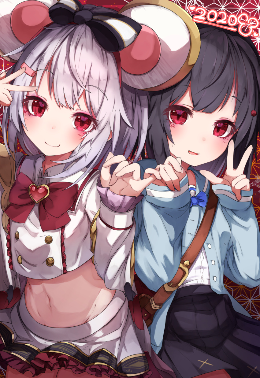 2020 2girls animal_ears bag bangs black_bow black_hair black_skirt blue_cardigan blue_neckwear blue_sailor_collar bow bowtie cardigan character_request chinese_zodiac closed_mouth collared_shirt commentary_request eyebrows_visible_through_hair granblue_fantasy grey_hair hair_bow hair_ornament hairclip hands_up heart highres long_sleeves midriff mouse_ears multiple_girls navel open_cardigan open_clothes parted_lips pleated_skirt rai_(sakuranbo_sugar) red_bow red_eyes sailor_collar school_uniform serafuku shirt shoulder_bag skirt sleeves_past_wrists smile striped striped_bow vikala_(granblue_fantasy) white_shirt white_skirt year_of_the_rat