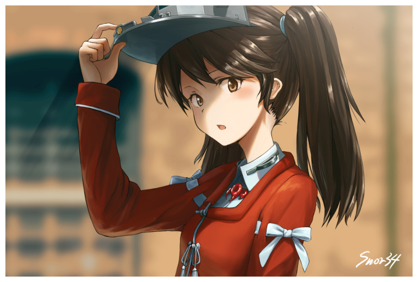 1girl artist_name artist_request blurry_foreground brown_eyes brown_hair commentary_request hair_tie japanese_clothes kantai_collection kariginu long_hair long_sleeves looking_at_viewer magatama open_mouth portrait ribbon ryuujou_(kantai_collection) shirt snor34 solo twintails upper_body visor_cap white_ribbon white_shirt