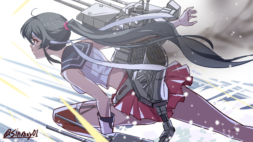 1girl action bangs black_hair blurry day droplet gloves hair_ornament hair_scrunchie headband highres kantai_collection leaning_forward long_hair midriff miniskirt outdoors pink_scrunchie pleated_skirt ponytail red_eyes red_legwear red_skirt rigging school_uniform scrunchie serafuku shinmai_(kyata) shirt skirt sleeveless sleeveless_shirt solo splashing standing standing_on_liquid thigh-highs tracer_fire twitter_username very_long_hair water white_gloves white_headband white_shirt wind yahagi_(kantai_collection)