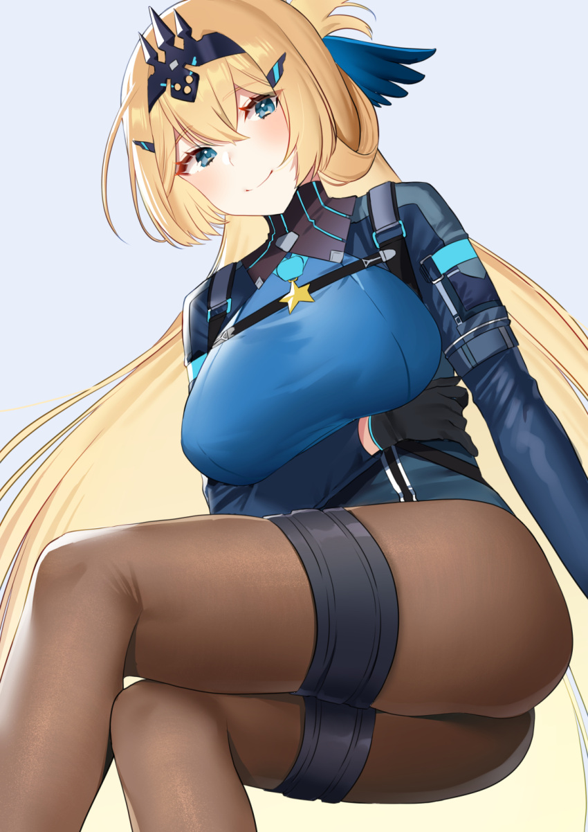 1girl black_gloves black_hairband blonde_hair blue_eyes blush breast_lift brown_legwear character_request copyright_request folded_ponytail gloves grey_background hair_ornament hairband hairclip highres long_hair looking_at_viewer mizuki_eiru_(akagi_kurage) pantyhose simple_background sitting solo thighband_pantyhose very_long_hair