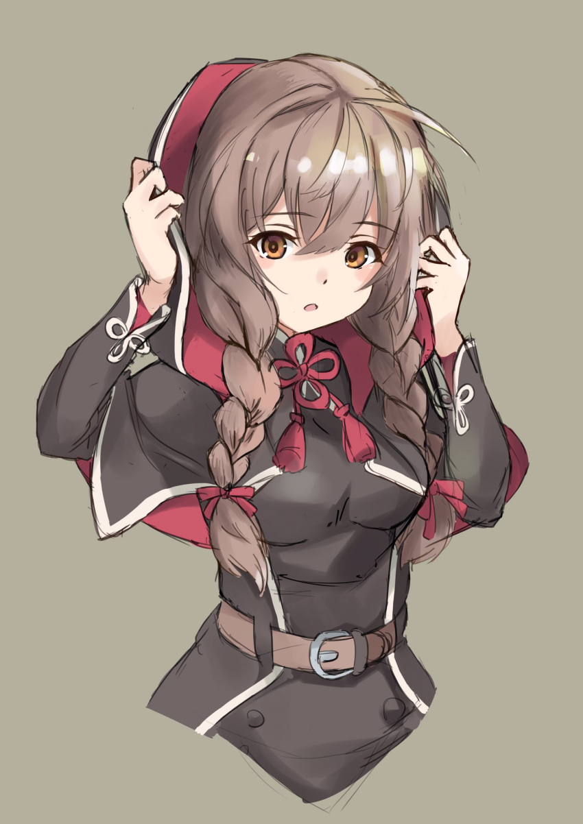 1girl belt black_capelet black_dress braid breasts brown_belt brown_eyes brown_hair capelet commentary_request cropped_torso dress grey_background hair_ribbon highres hood hooded_capelet kantai_collection large_breasts long_hair long_sleeves minosu red_ribbon ribbon shinshuu_maru_(kantai_collection) simple_background solo twin_braids