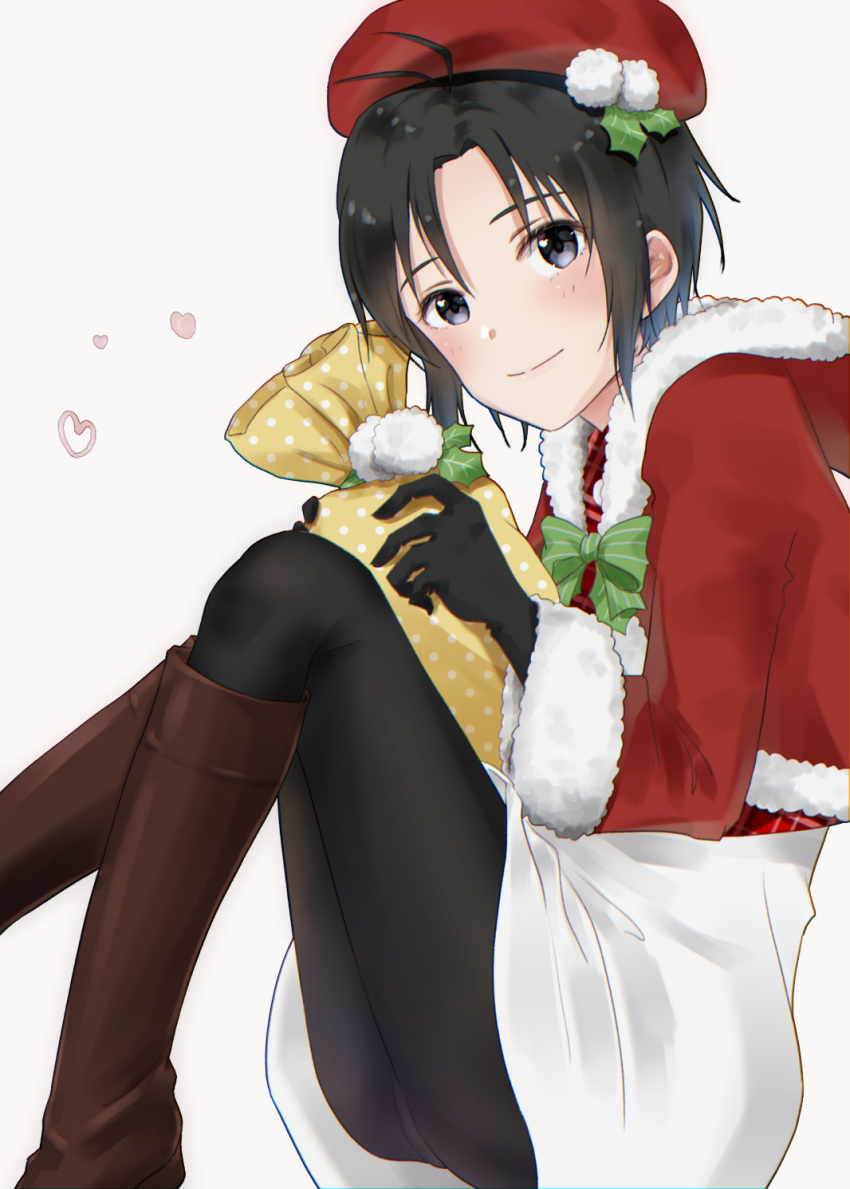 1girl antenna_hair bag beret black_eyes black_gloves black_hair black_legwear bob_cut boots bow brown_footwear commentary from_side fur_trim gloves green_bow hat heart highres holding holding_bag holly idolmaster idolmaster_(classic) idolmaster_2 idolmaster_million_live! idolmaster_million_live!_theater_days jacket kikuchi_makoto knee_boots knees_up leggings light_blush light_smile looking_at_viewer looking_to_the_side mogskg pom_poms red_headwear red_jacket santa_costume short_hair simple_background sitting skirt white_background white_fur white_skirt