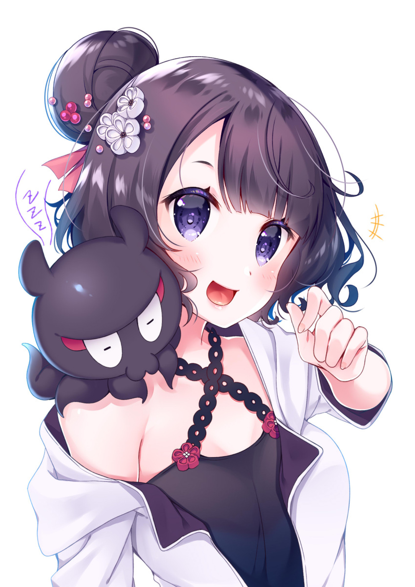 +++ 1girl :d animal animal_on_shoulder bangs black_dress black_hair blush closed_eyes commentary_request criss-cross_halter dress eyebrows_visible_through_hair fate/grand_order fate_(series) hair_bun hair_ornament halterneck highres jacket katsushika_hokusai_(fate/grand_order) ko_yu long_sleeves looking_at_viewer octopus off_shoulder open_clothes open_jacket open_mouth simple_background sleeping smile tokitarou_(fate/grand_order) upper_body violet_eyes white_background white_jacket zzz