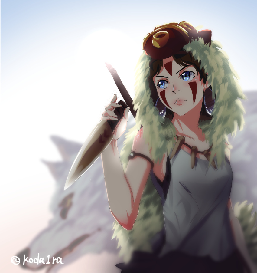 1girl animal bare_arms blue_eyes breasts brown_eyes brown_hair closed_mouth commentary earrings facepaint facial_mark fur headband highres jewelry knife koda1ra mask mononoke_hime necklace san short_hair studio_ghibli tooth_necklace wolf